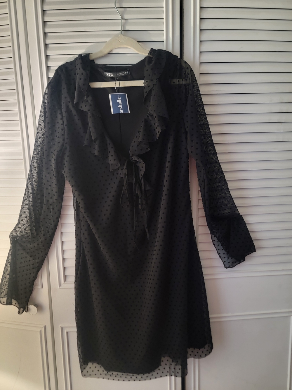 Zara Black Swiss Dot Ruffle Tie-Neck Long Sleeve Dress